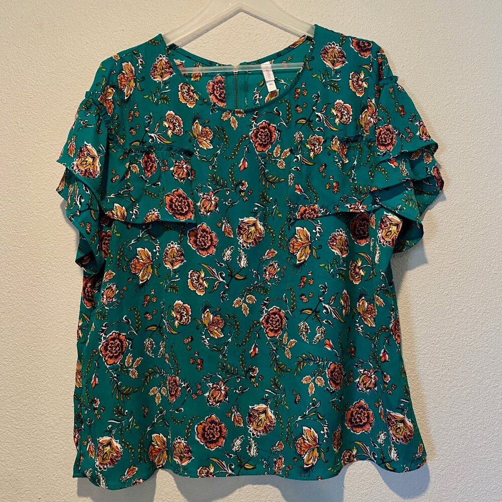 Xhilaration Green Floral Boho Blouse XXL Ruffle Short Sleeve‎ Top